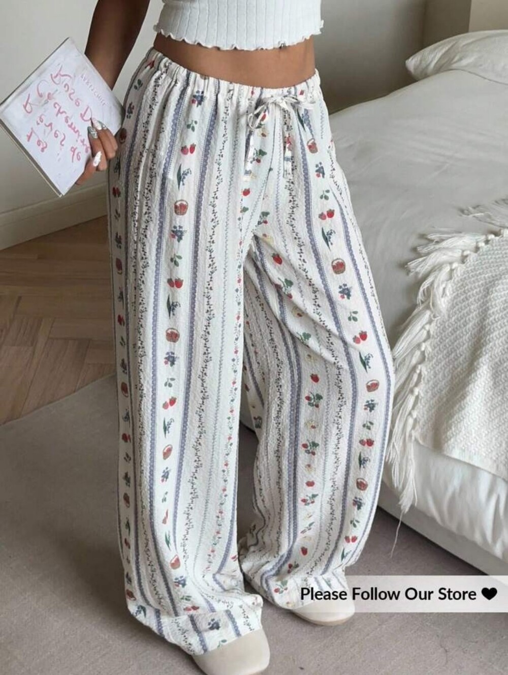 Casual Floral Stripe Wide-Leg Pants - White